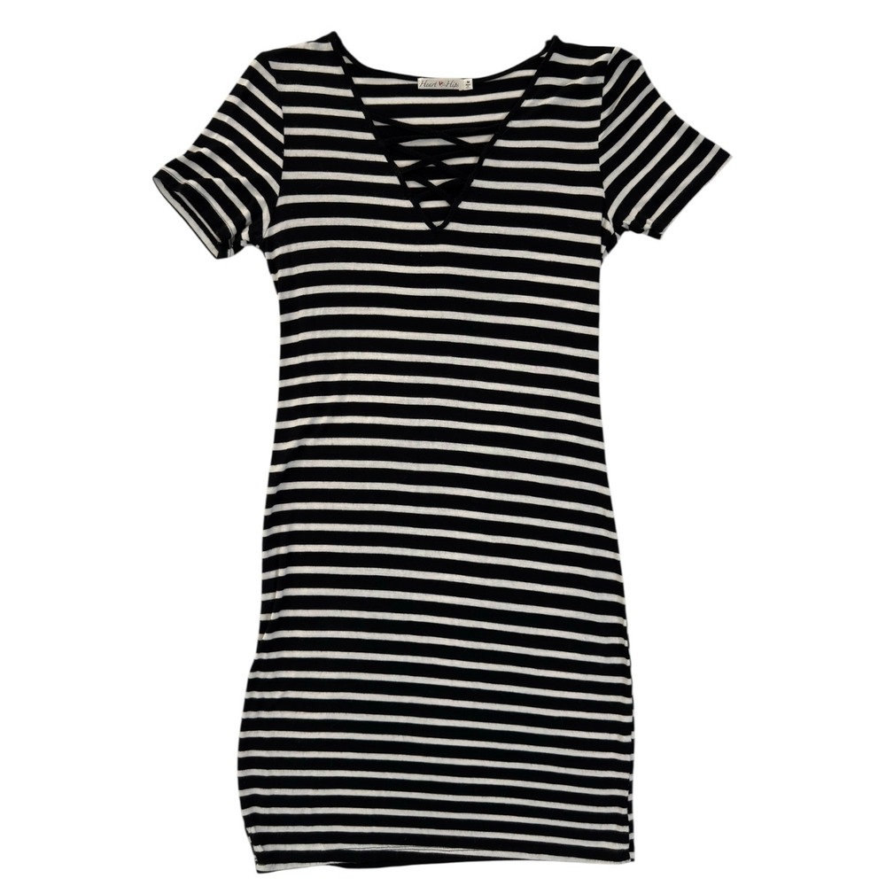 Heart & Hips Striped Bodycon Dress M Black White Lattice Neck Goth Edgy Coverup
